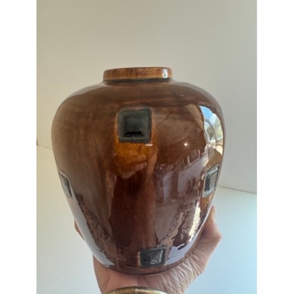 Ginger Jar Vase Studio Art Pottery Amber Brown Drip Glaze Cutout No Lid 6.5"